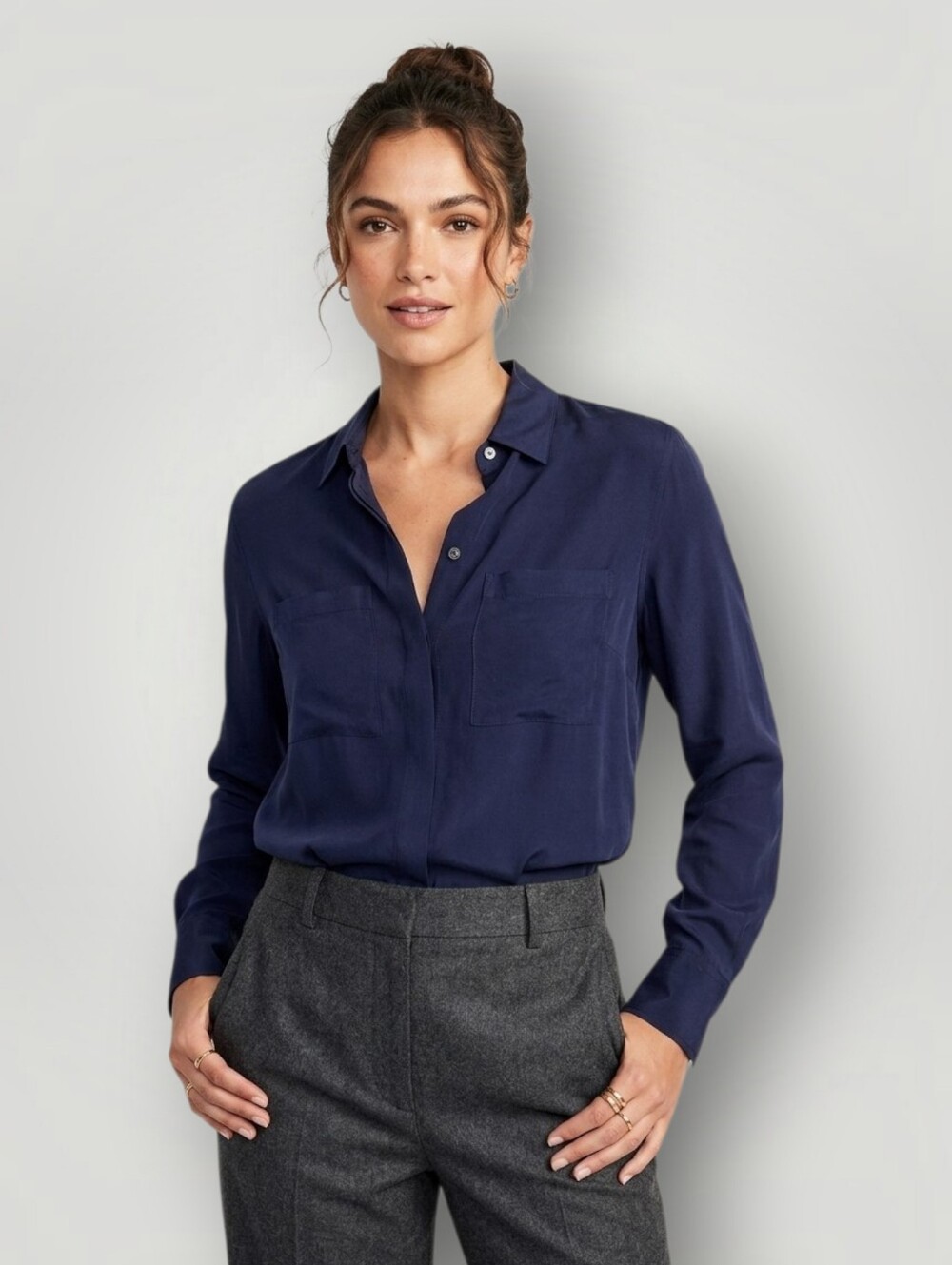 J. Crew Women's 2P Navy Silk Blend Button-Front Blouse Long Sleeve Pocket Top